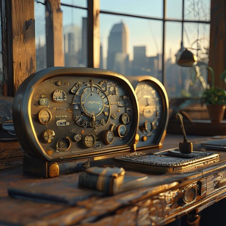 An analog dashboard made of brass gauges and vintage dials placed on a rustic oak desk, each gaug... - AI Precision Marketing