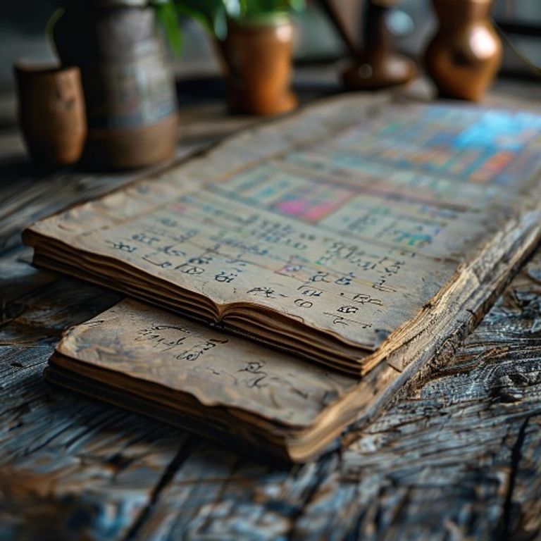 A close‑up of a wooden ledger open to a page marked with hand‑written numbers and a modern tablet... - AI Precision Marketing