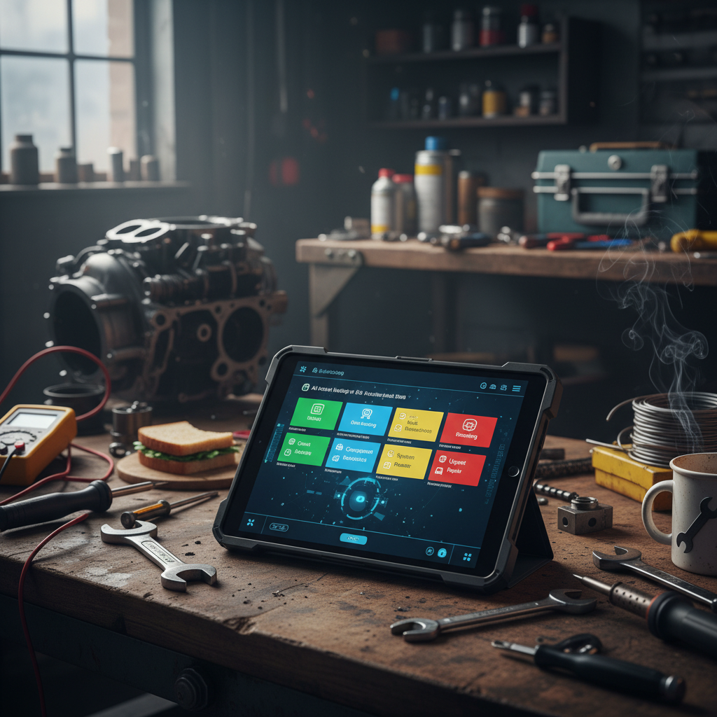 A close-up shot of a tablet screen on a cluttered workbench in a garage. The screen displays an A... - AI Precision Marketing