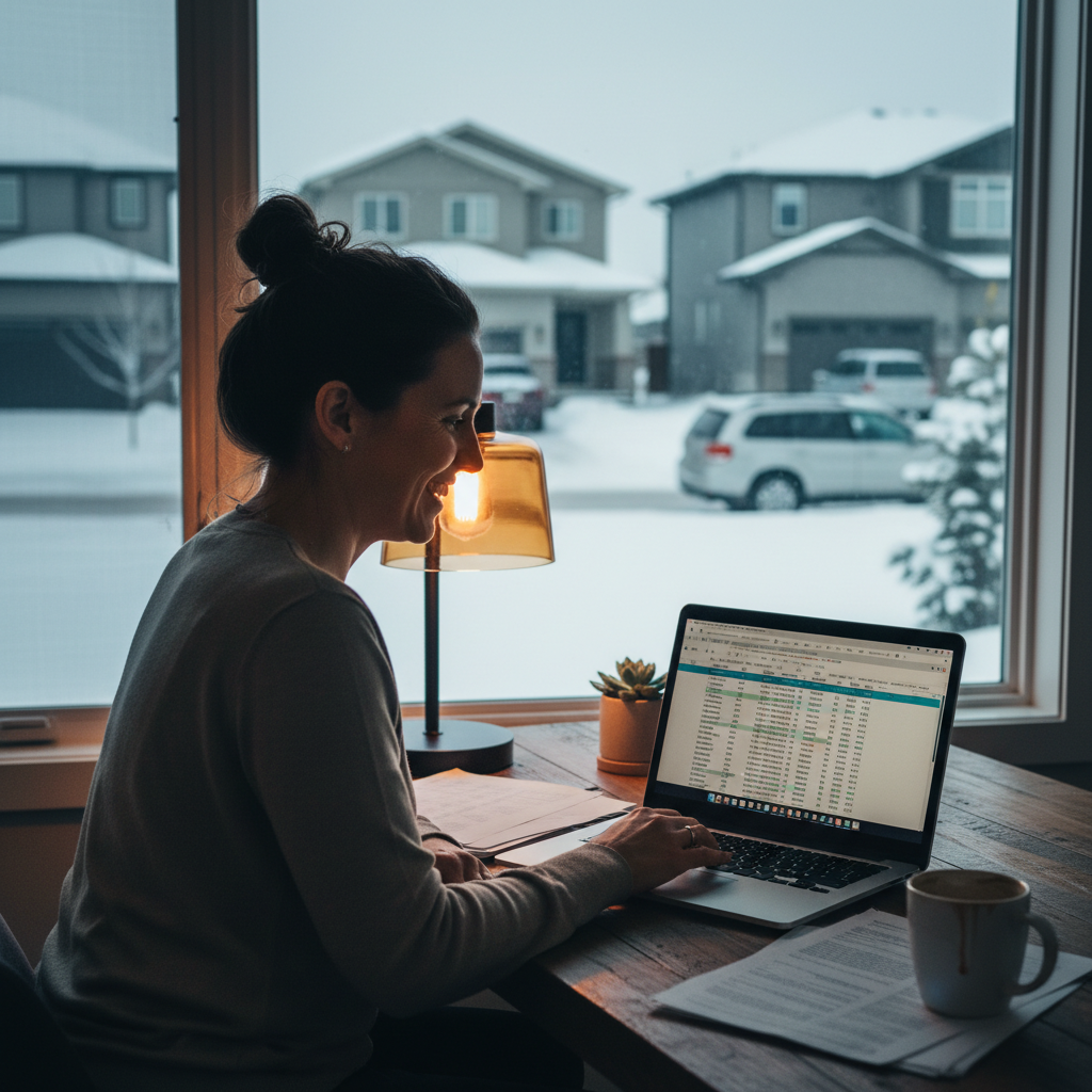 A small business owner smiling while reviewing their finances on a laptop in a cozy, modern home... - AI Precision Marketing