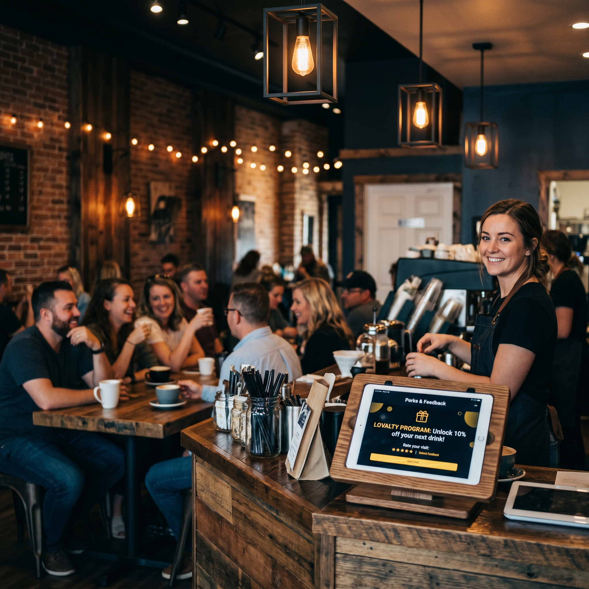 A thriving local cafe in Spruce Grove with customers enjoying coffee. In the background, a barist... - AI Precision Marketing