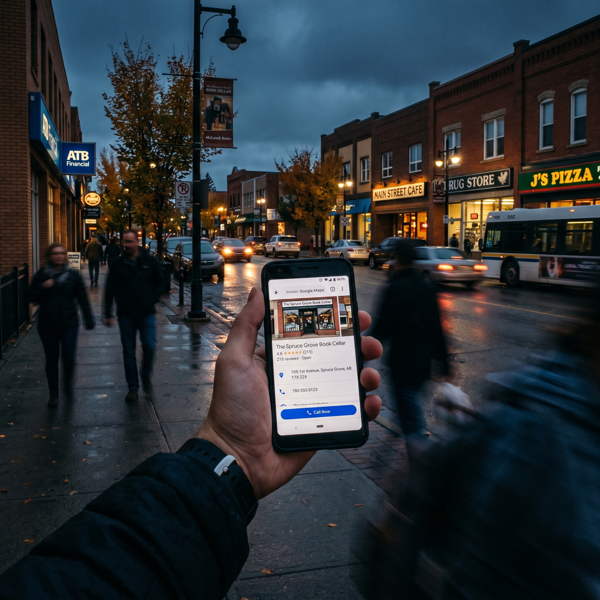 A busy main street in downtown Spruce Grove, Alberta, with various local businesses. In the foreg... - AI Precision Marketing