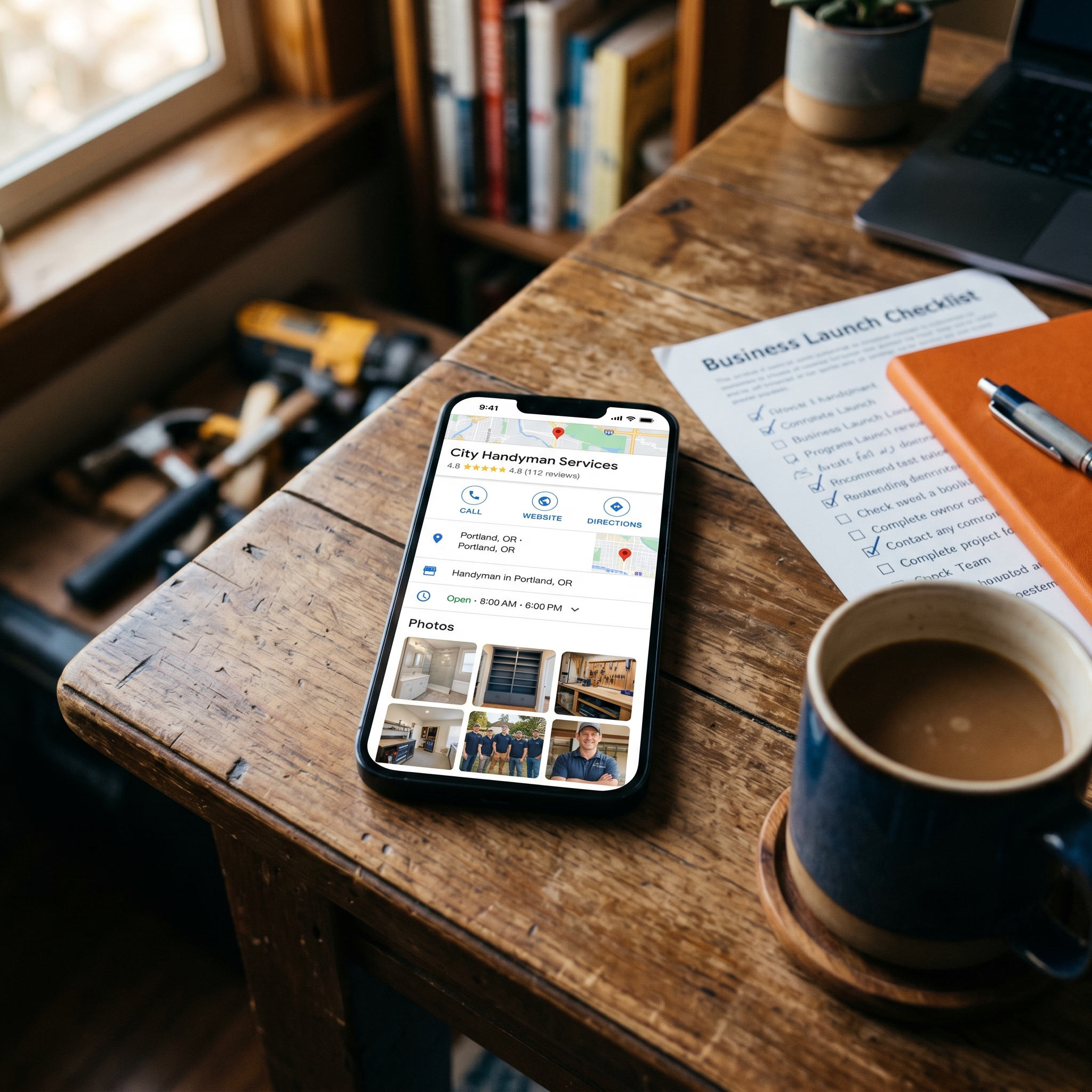 A smartphone screen displaying a completed Google Business Profile for a local service business,... - AI Precision Marketing