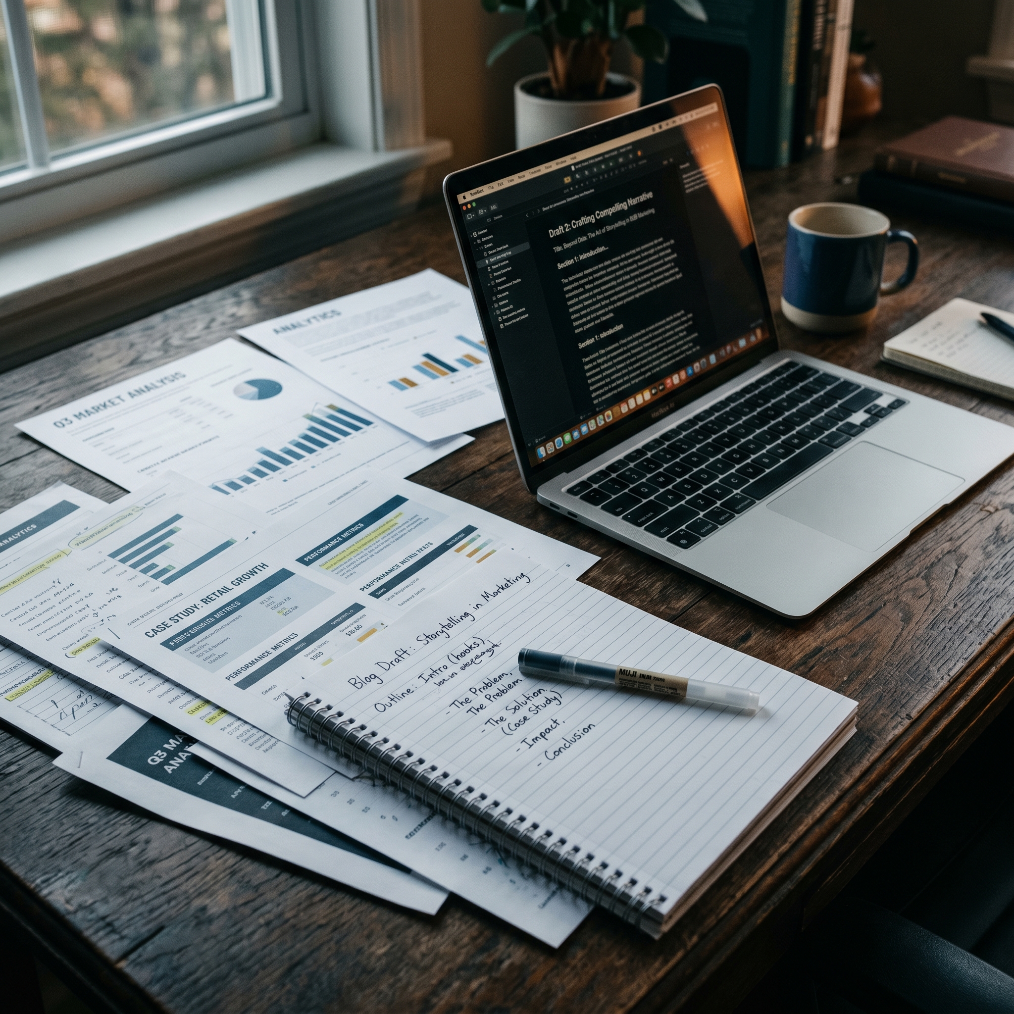 A desk workspace with layered documents showing case study layouts, analytics printouts, and a la... - AI Precision Marketing