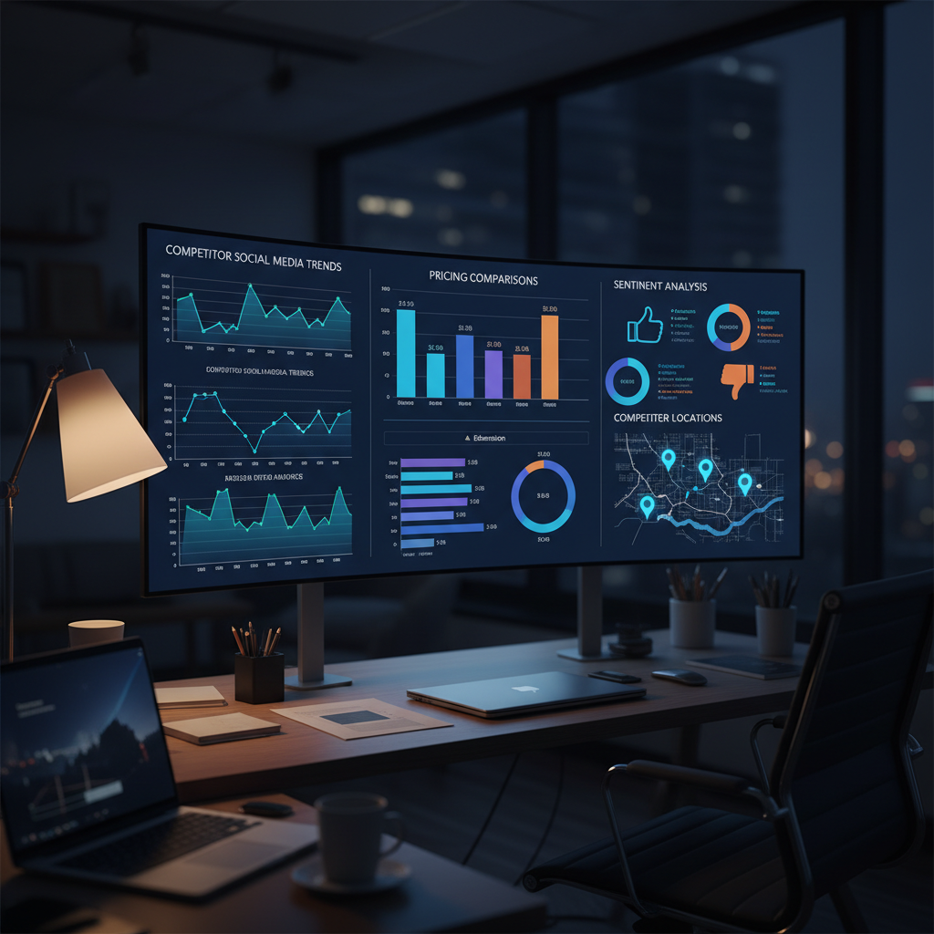 A detailed AI dashboard showing various data visualizations: competitor social media trends, pric... - AI Precision Marketing