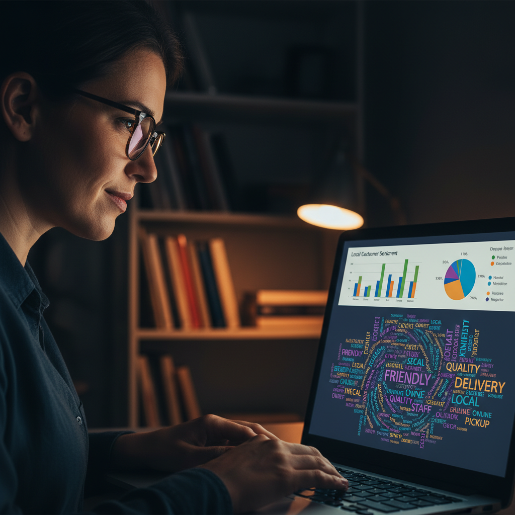 Close-up of a laptop screen displaying a colorful dashboard with local customer sentiment analysi... - AI Precision Marketing