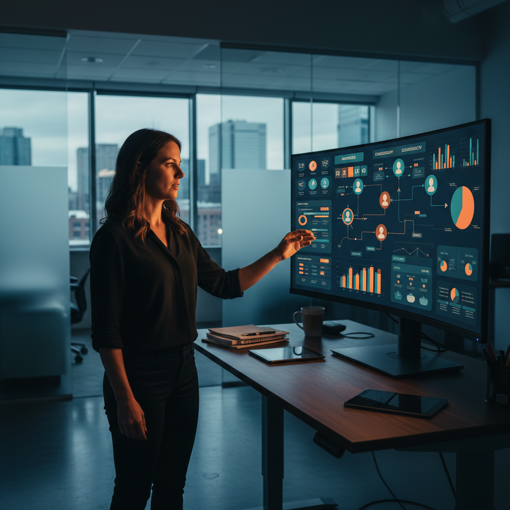 A marketing professional at a standing desk in a modern Edmonton office, pointing to a complex cu... - AI Precision Marketing