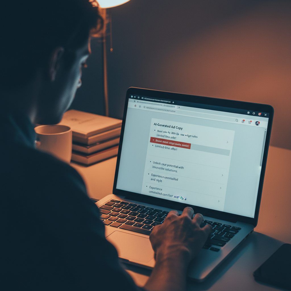 Over-the-shoulder shot of a person using a laptop. The screen shows an AI content generation tool... - AI Precision Marketing