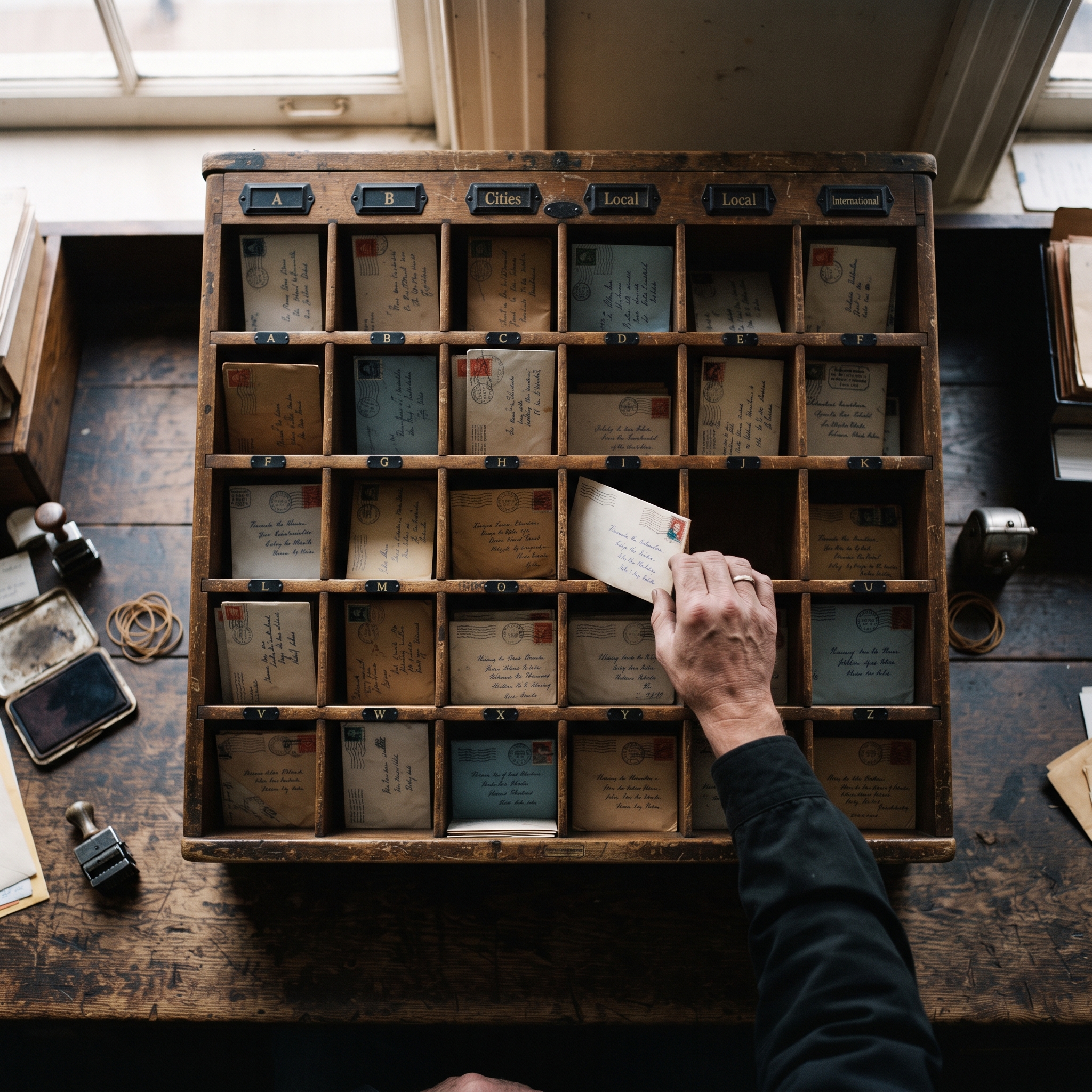 A vintage postal sorting machine with dozens of small wooden cubbyholes, each holding a single ha... - AI Precision Marketing