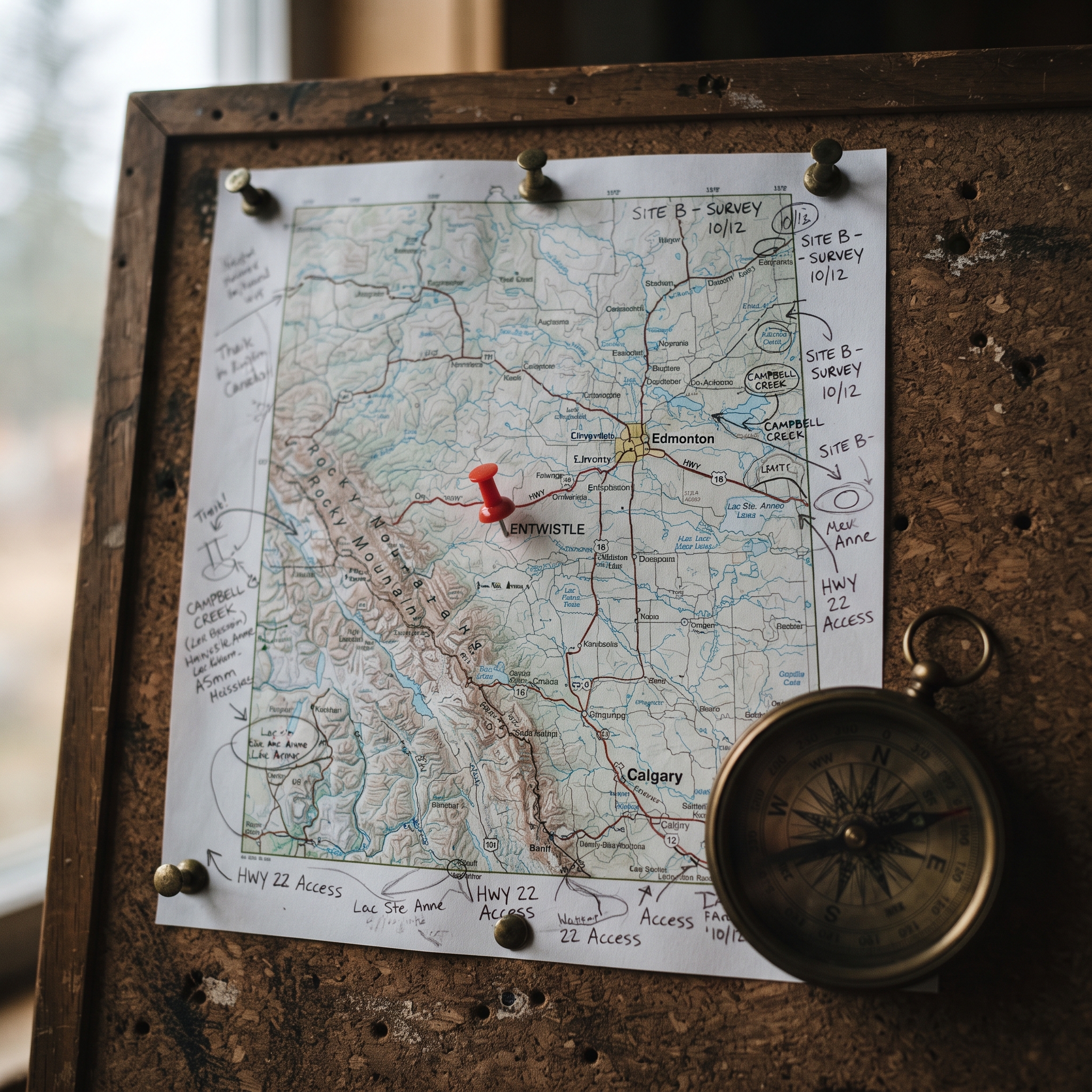 A detailed topographic map of Alberta pinned to a corkboard with a single red pushpin marking a s... - AI Precision Marketing