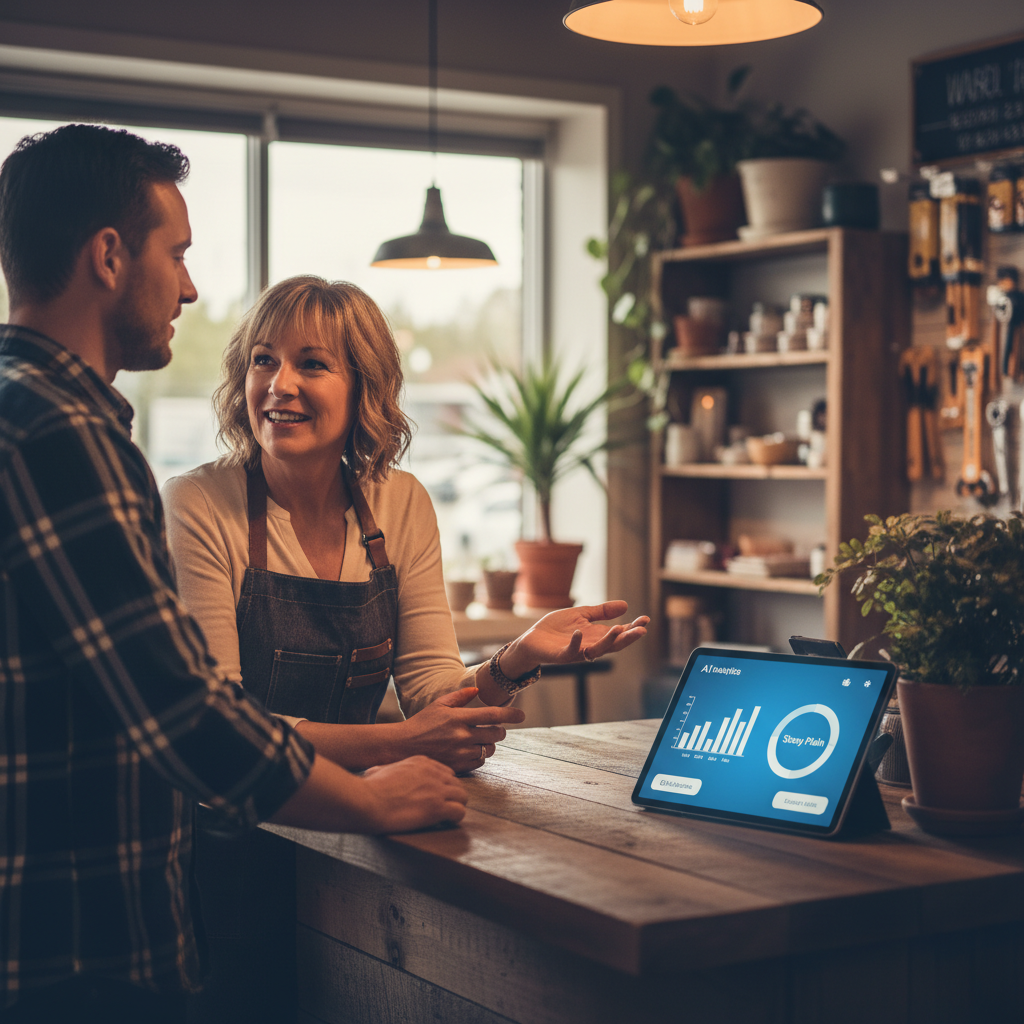 A local small business owner in a well-maintained storefront (like a hardware store or café in St... - AI Precision Marketing