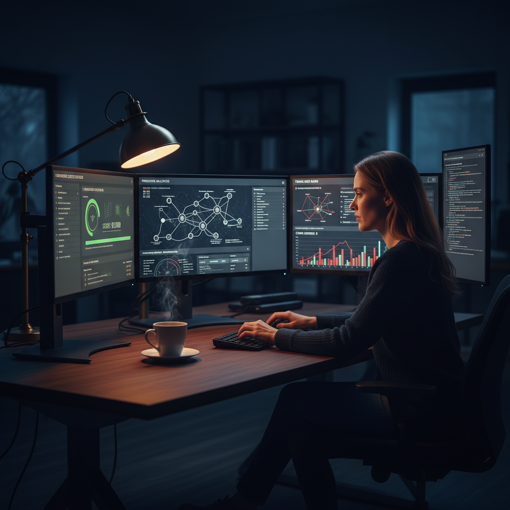 A professional marketer at a modern desk, surrounded by multiple computer screens displaying comp... - AI Precision Marketing