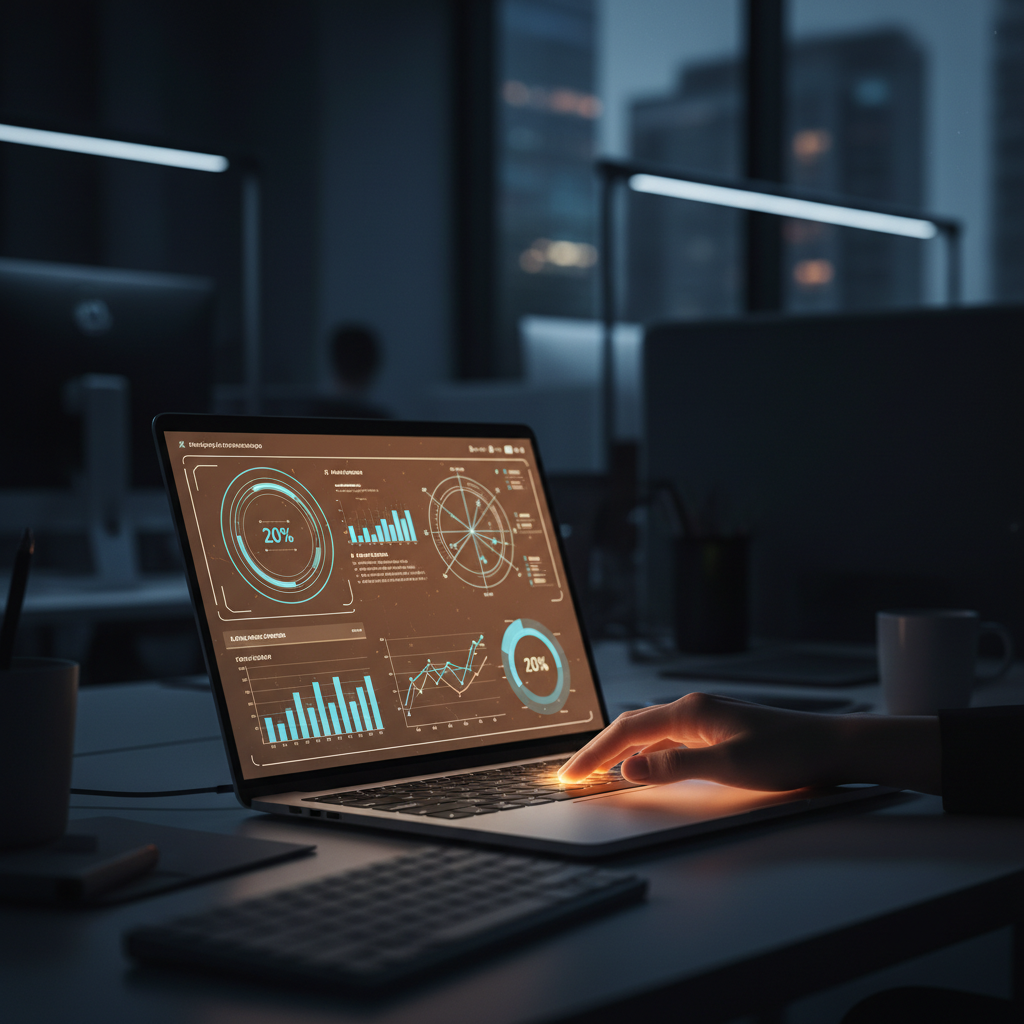 A close-up shot of a laptop screen showing a futuristic and clean data visualization of an ad cam... - AI Precision Marketing