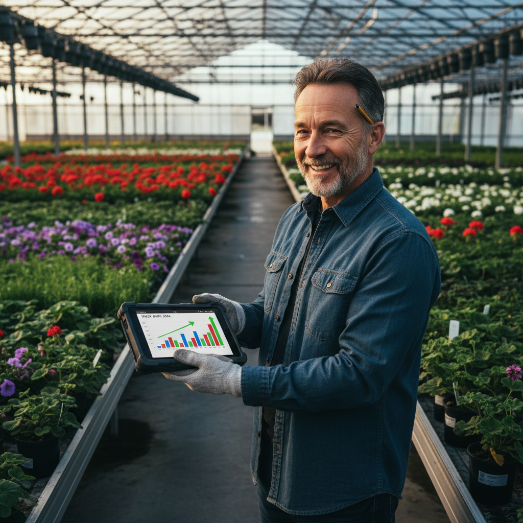 A greenhouse owner in Stony Plain, Alberta, smiling as they review sales data on a rugged tablet... - AI Precision Marketing