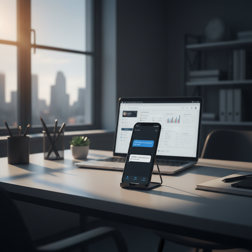 A clean, modern office desk with a smartphone displaying an active chat interface (an AI assistan... - AI Precision Marketing