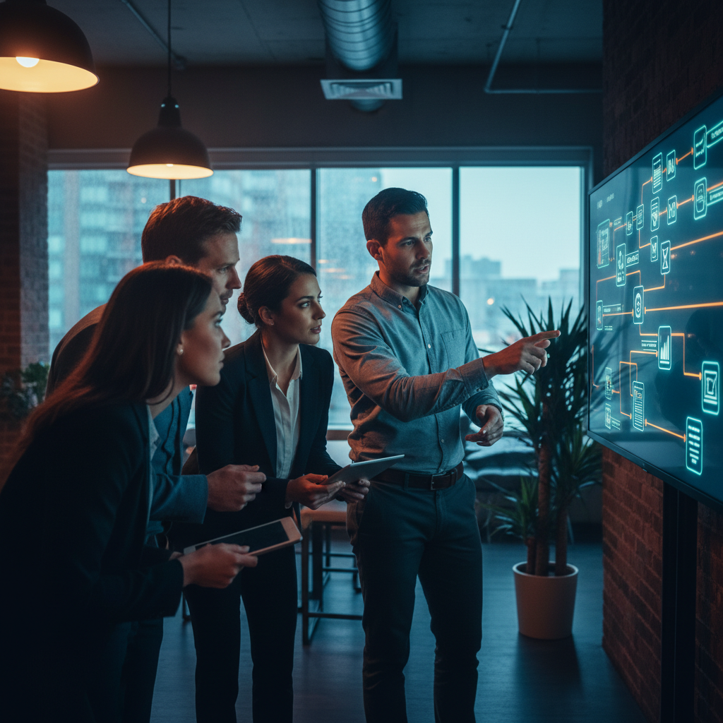 A business team in a collaborative office space in Spruce Grove, one person pointing at a large m... - AI Precision Marketing