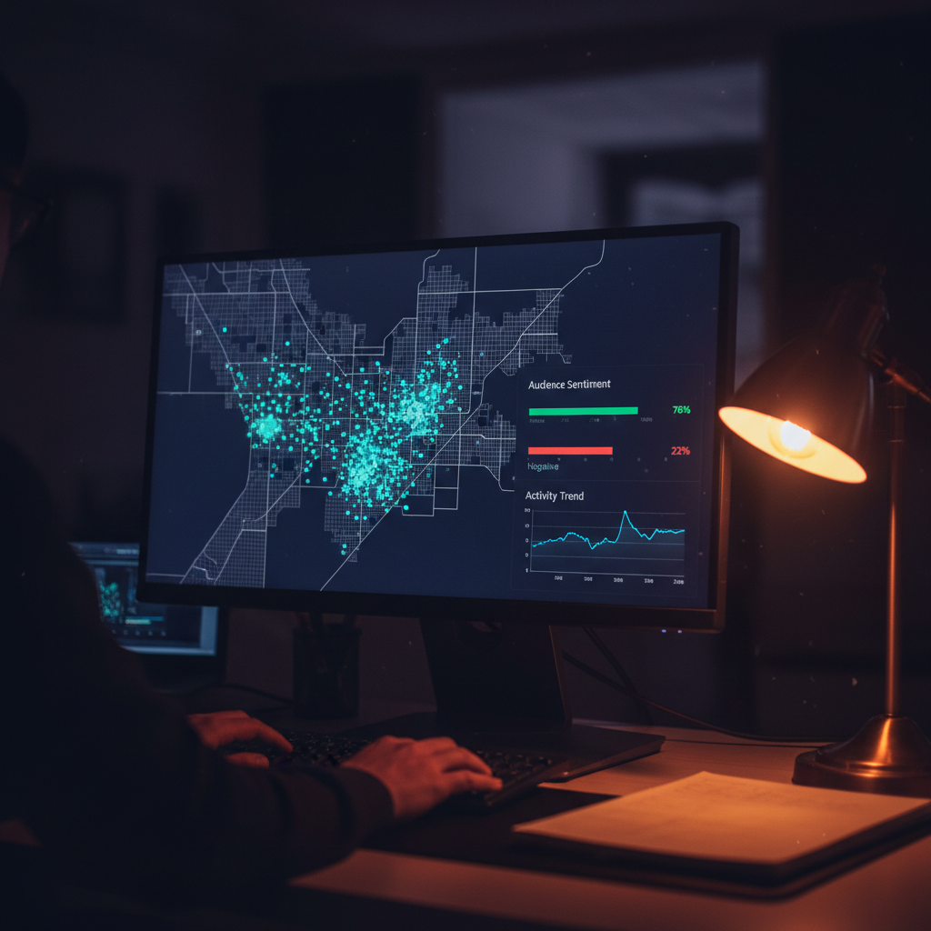 A close-up shot of a computer monitor displaying an AI analytics dashboard. The screen shows a he... - AI Precision Marketing