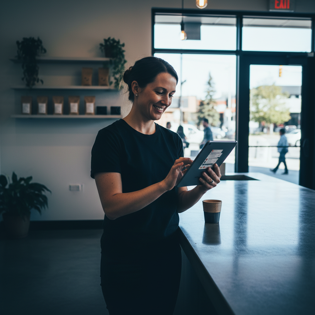 A local business owner in Spruce Grove smiling while reading comments on a tablet in their bright... - AI Precision Marketing