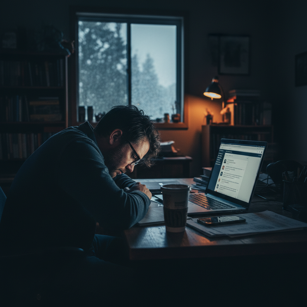 A tired small business owner in Stony Plain late at night, slumped over a laptop, surrounded by o... - AI Precision Marketing