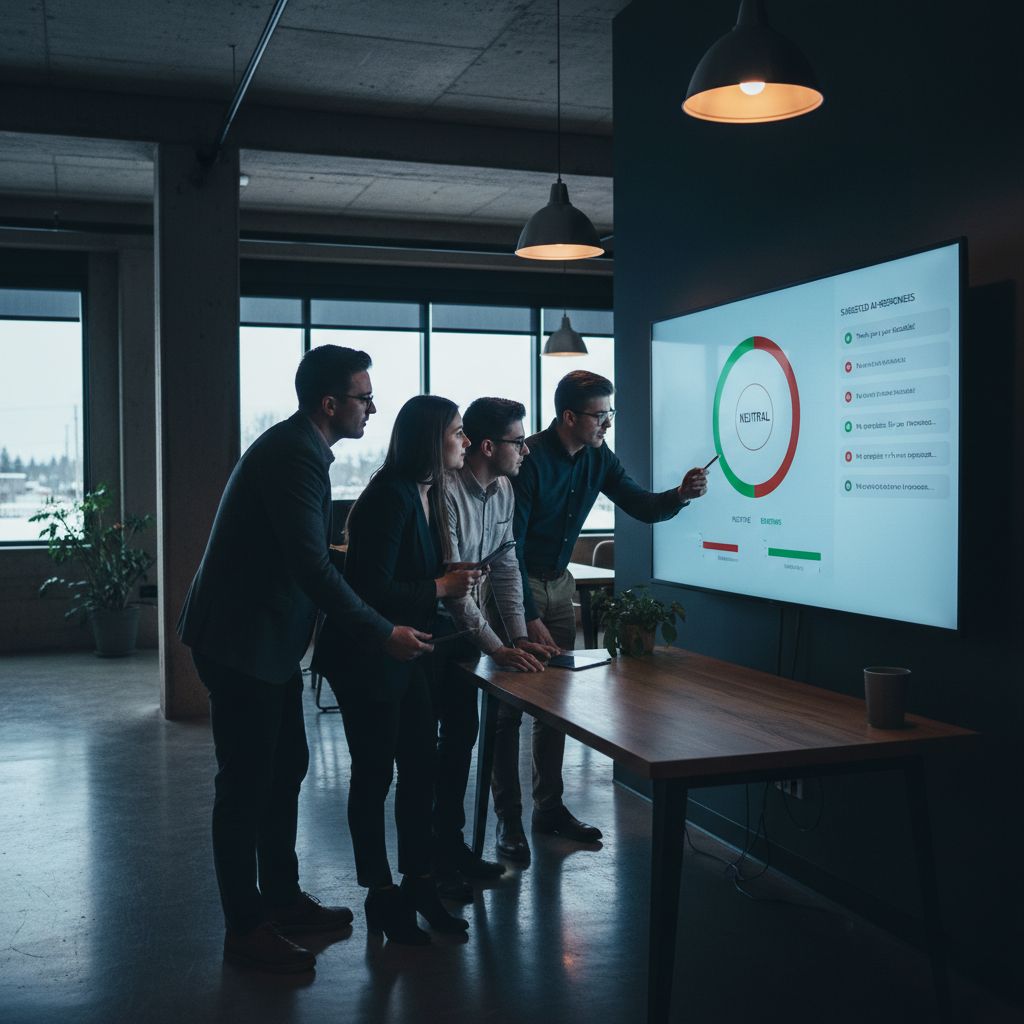 A small team in a modern office in Spruce Grove collaborating around a large screen displaying an... - AI Precision Marketing
