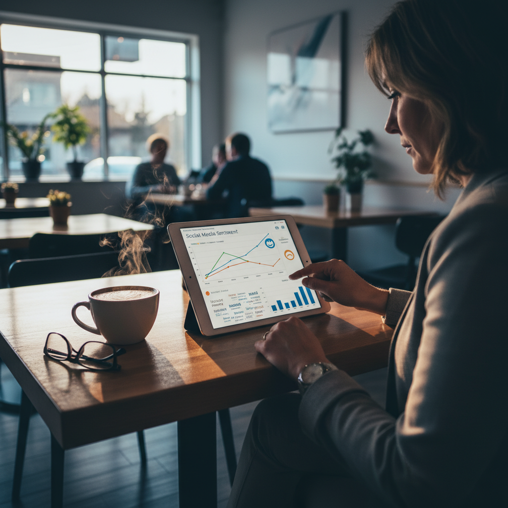A person viewing a dashboard on a tablet showing a visual representation of social media sentimen... - AI Precision Marketing