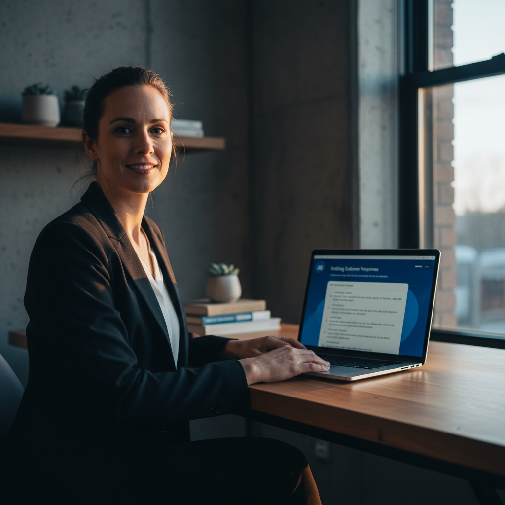 A small business owner in Edmonton, Alberta, sitting at a desk, looking directly at the camera wi... - AI Precision Marketing