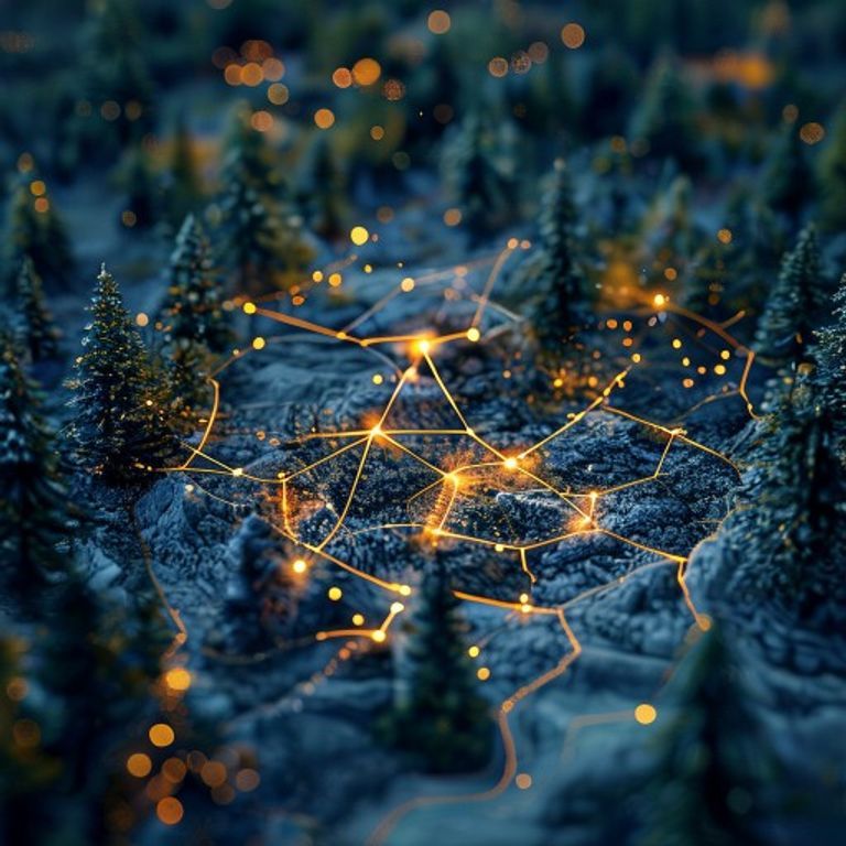 A digital map highlighting Stony Plain and Spruce Grove with glowing connections between local bu... - AI Precision Marketing
