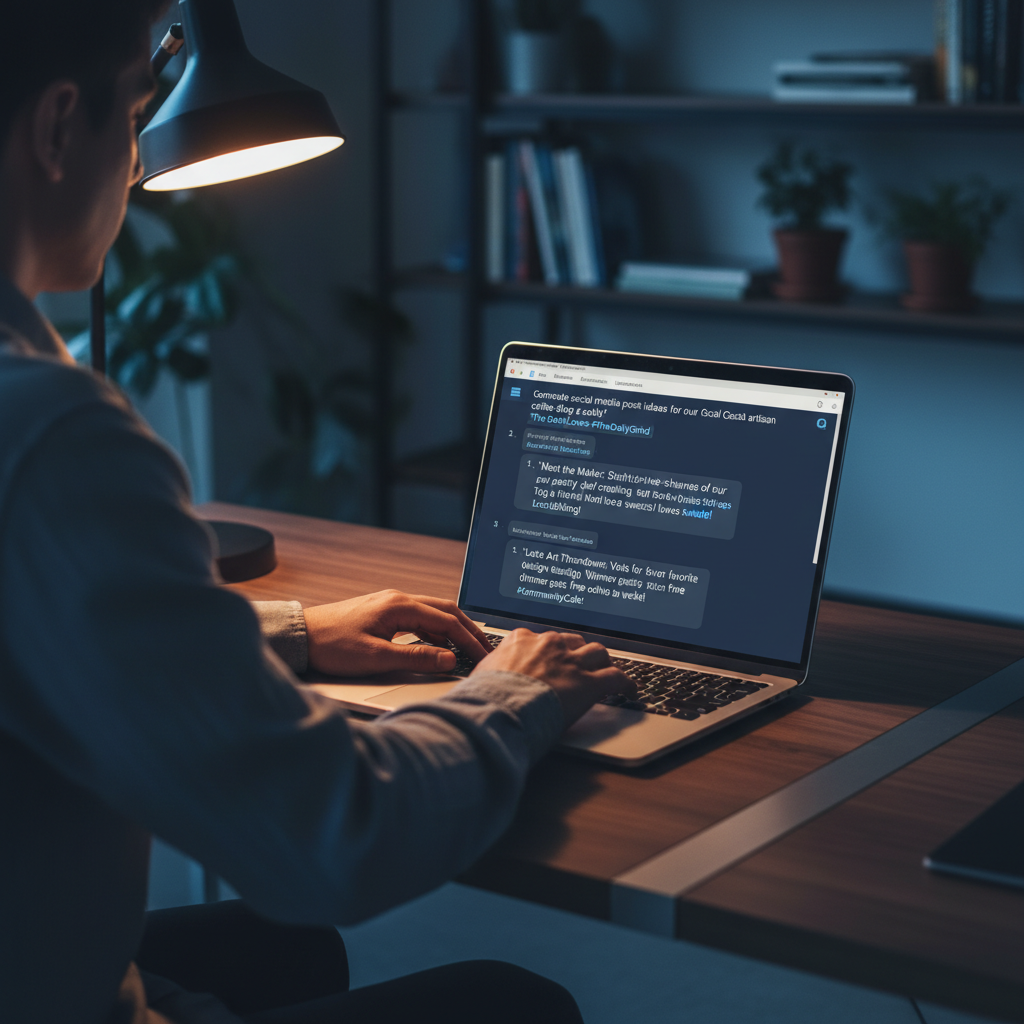 Over-the-shoulder view of a person at a modern desk using a laptop. The screen clearly shows an A... - AI Precision Marketing