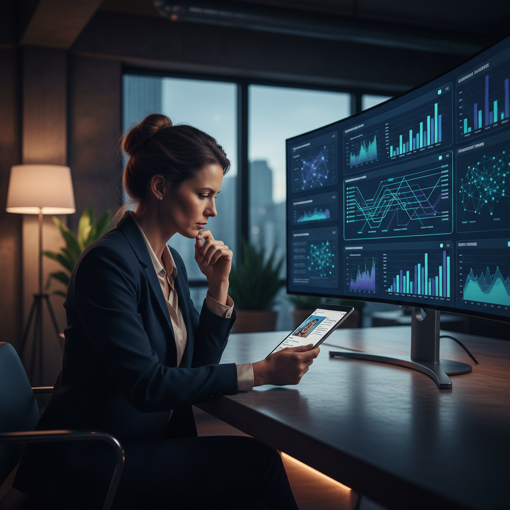 A marketing professional in a stylish office thoughtfully reviewing a social media post on a tabl... - AI Precision Marketing