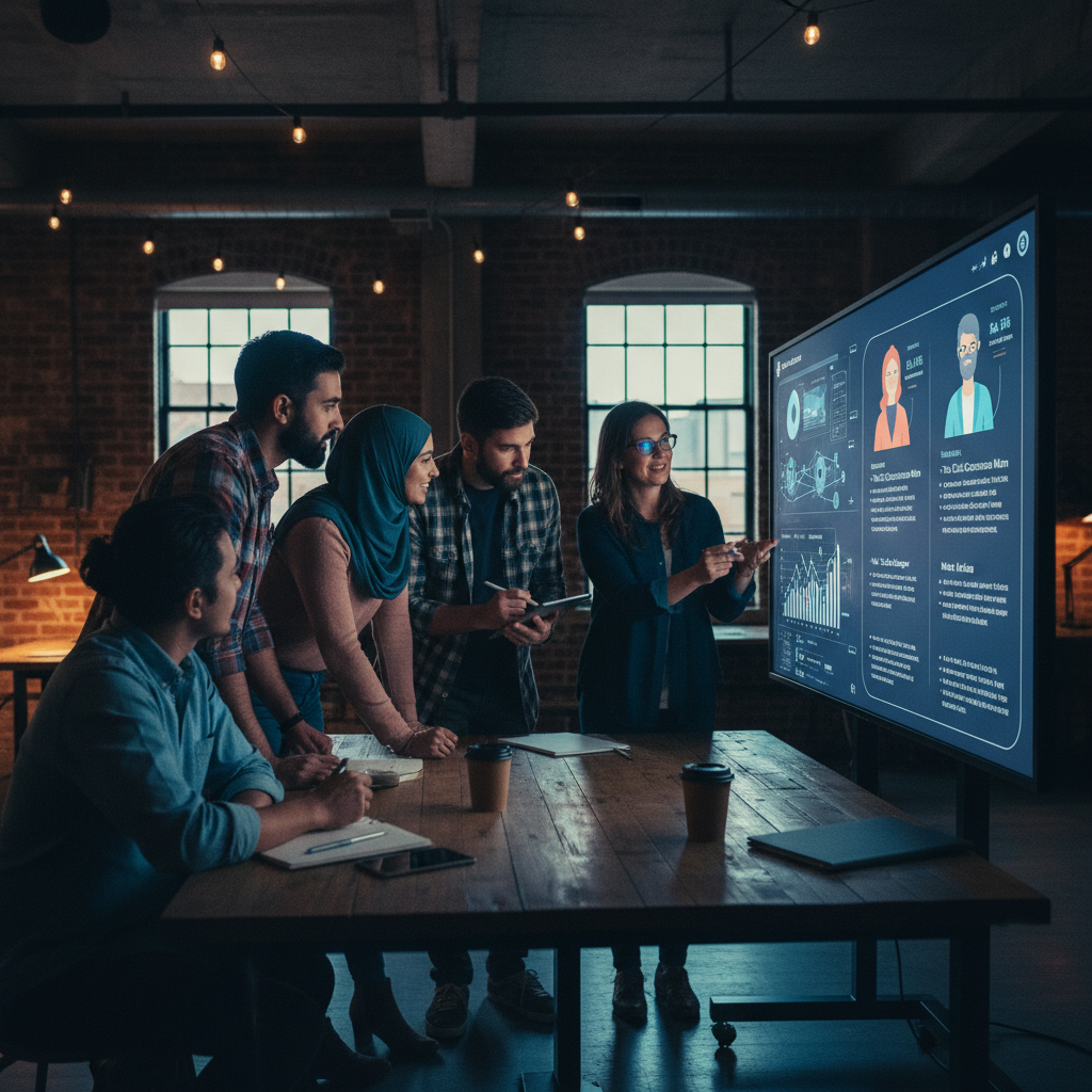 A diverse group of small business owners from Stony Plain and Spruce Grove collaborating around a... - AI Precision Marketing