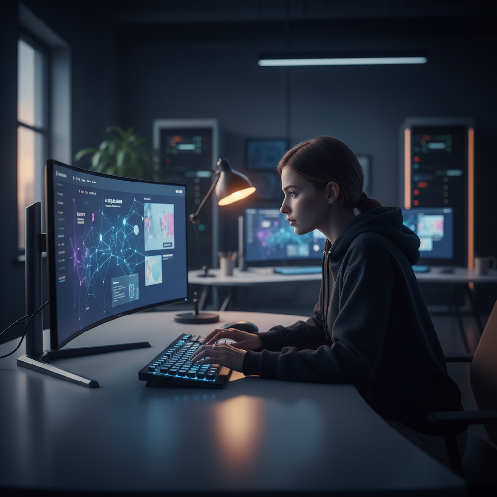 A web designer working on a high-resolution monitor, showcasing an AI-generated website layout. T... - AI Precision Marketing