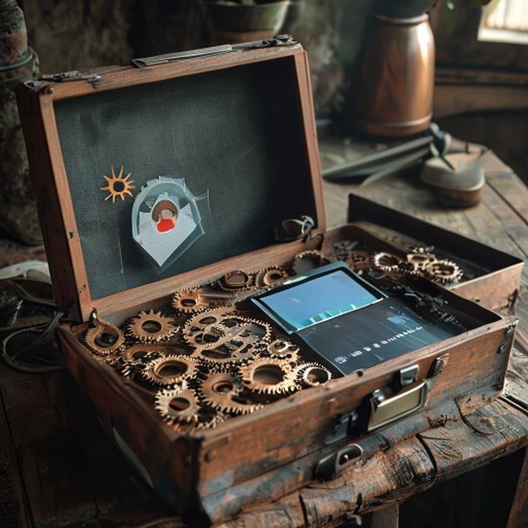 An opened wooden toolbox on a rustic table, inside are neatly arranged copper gears, a digital ta... - AI Precision Marketing