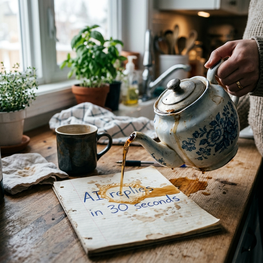 A bright kitchen in Spruce Grove with a vintage teapot spilling tea onto a handwritten note that... - AI Precision Marketing