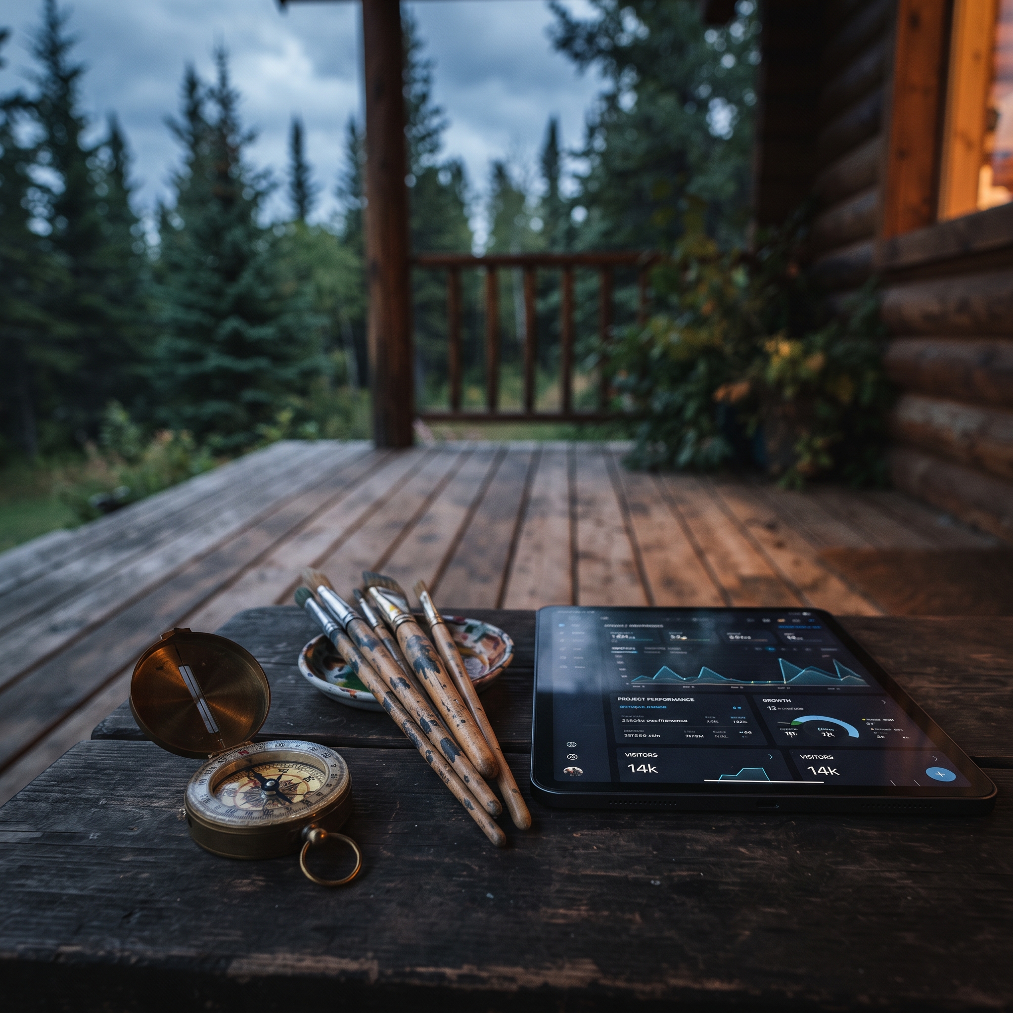 A wooden porch in Spruce Grove with a brass compass and a set of paintbrushes beside a sleek tabl... - AI Precision Marketing