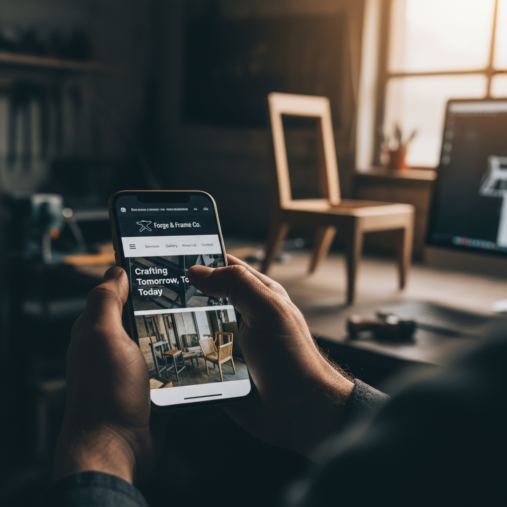 A close-up shot of a person's hands holding a smartphone, with a small business website displayed... - AI Precision Marketing