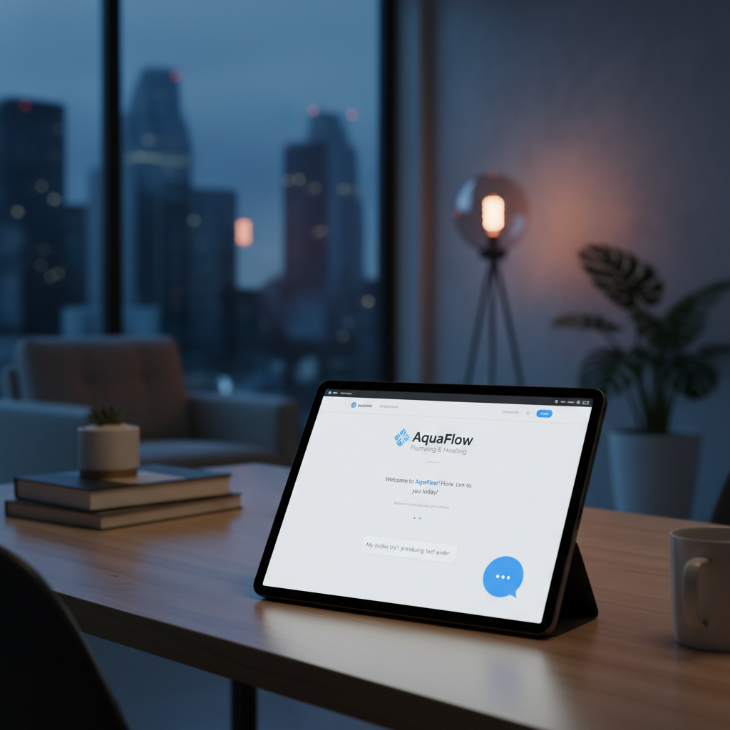 A tablet screen showing a clean, modern website for a local service business. On the screen, an A... - AI Precision Marketing
