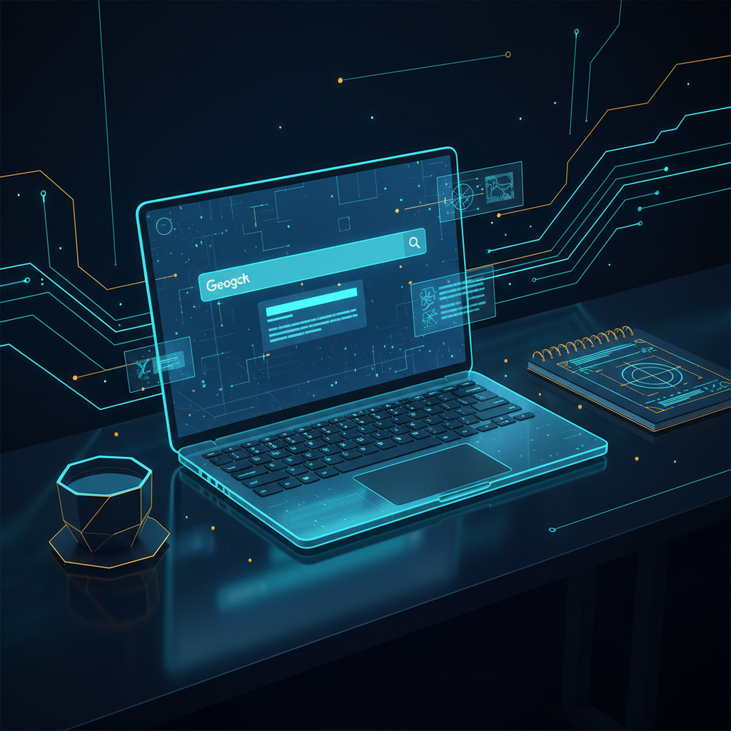 modern office desk with laptop showing Google Search interface, clean workspace with coffee cup and - AI Precision Marketing