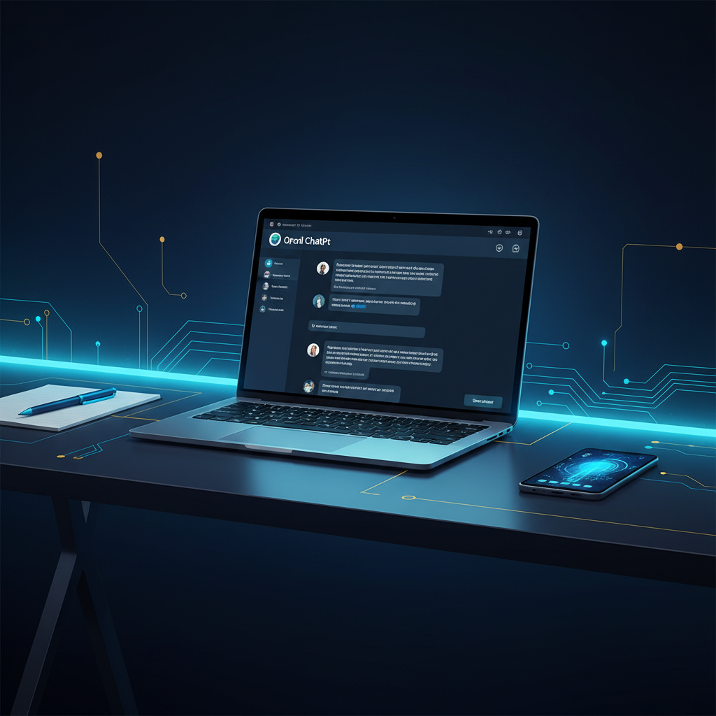 laptop screen showing ChatGPT interface on desk, modern workspace with notepad and phone, profession - AI Precision Marketing