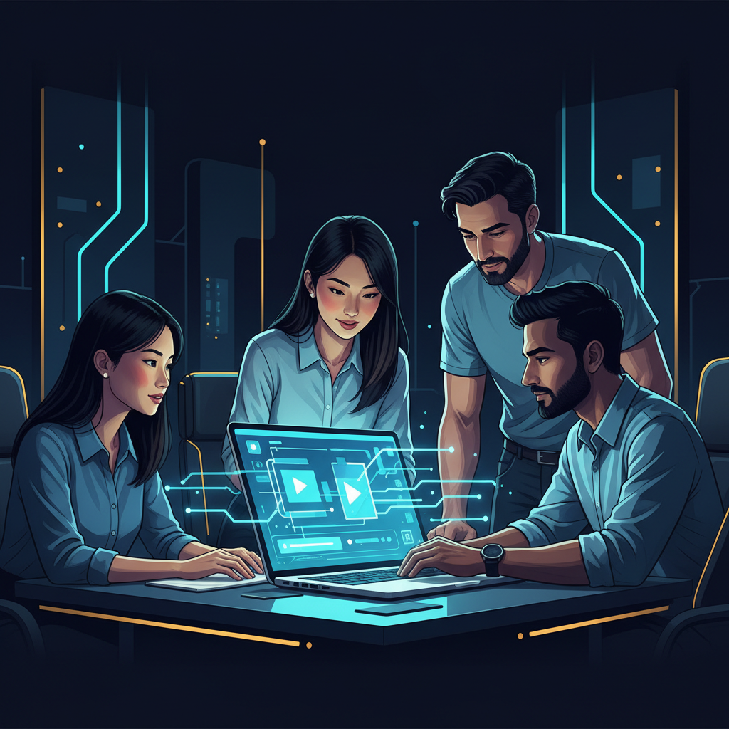 A diverse small business team collaborating around a laptop, which displays an AI video generatio... - AI Precision Marketing