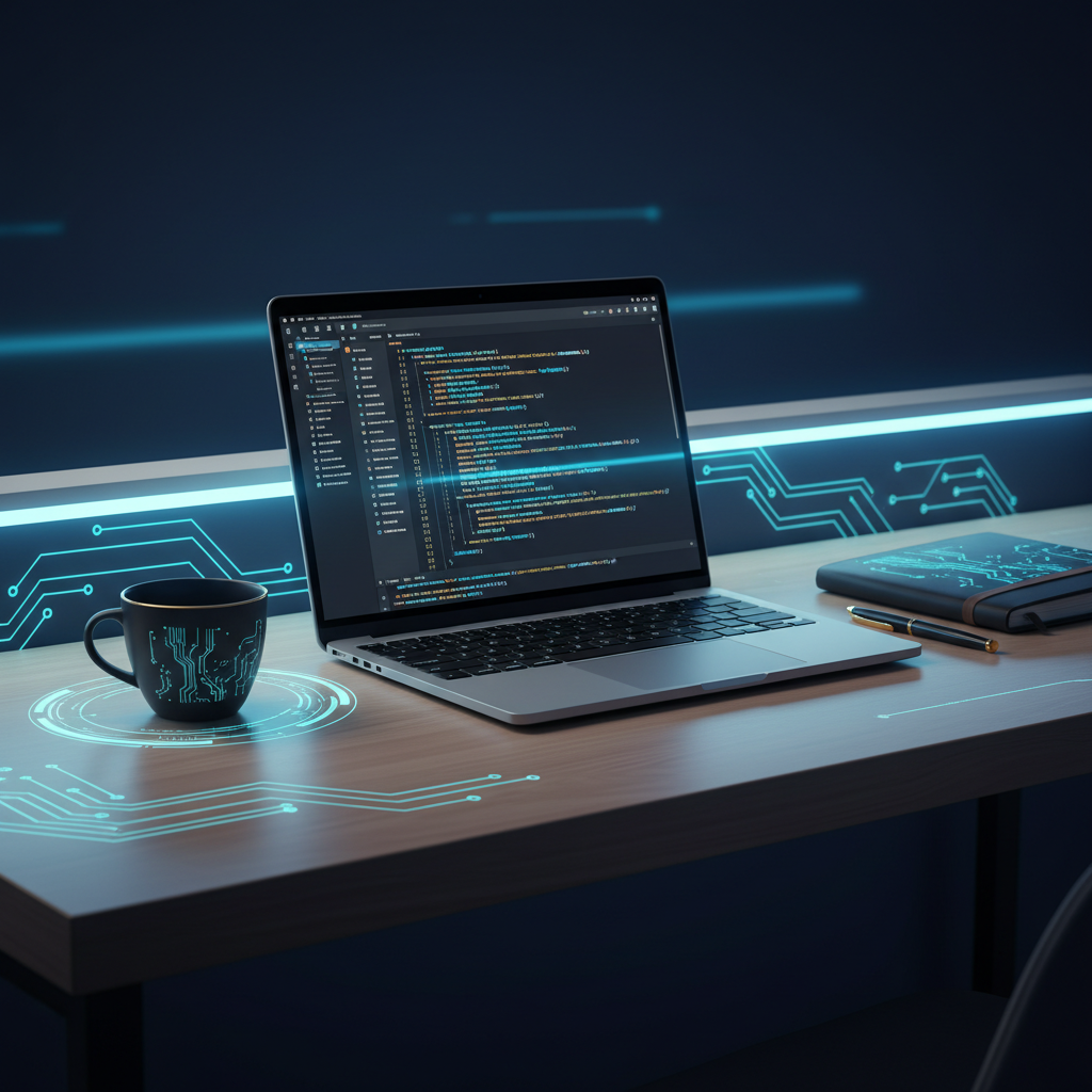 A laptop screen showing an IDE with AI-generated code, a coffee cup, and a notebook on a modern w... - AI Precision Marketing