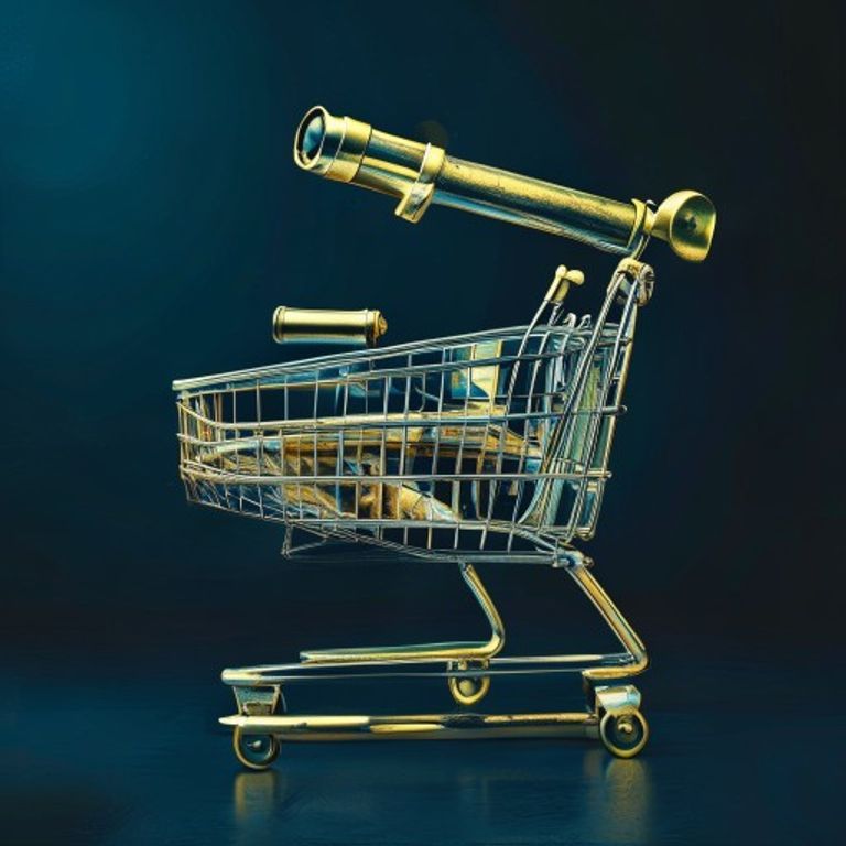 A vintage metal shopping cart with an old-fashioned brass telescope mounted on the front, pointin... - AI Precision Marketing