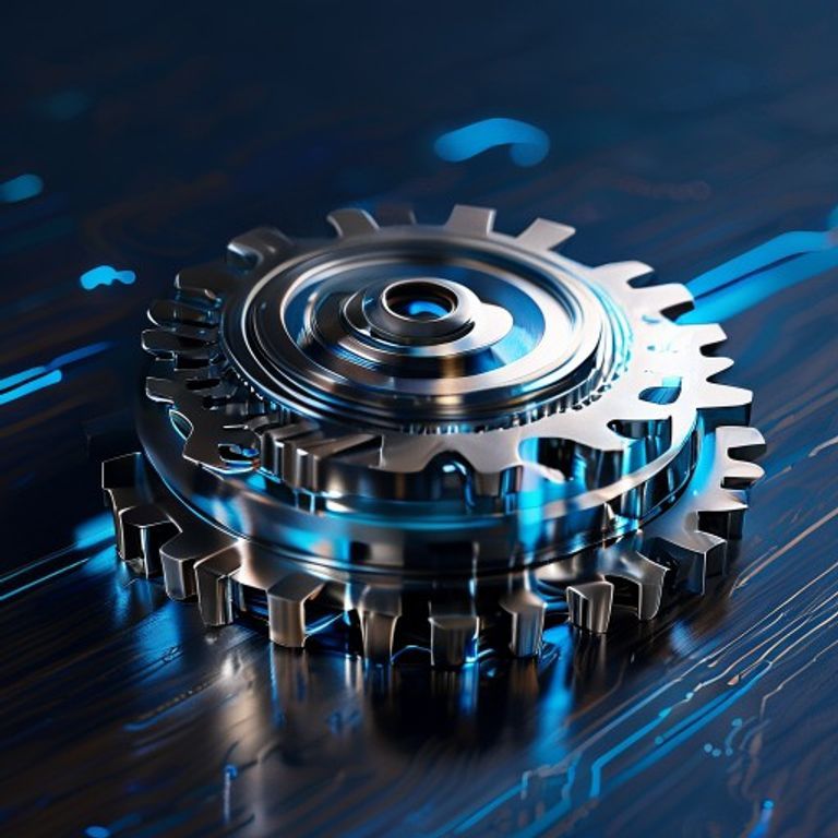 A single intricate brass gear mechanism, perfectly meshed with several smaller gears, turning smo... - AI Precision Marketing