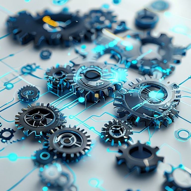 A network of interconnected gears and cogs forming a business flow diagram on a clean white surface - AI Precision Marketing