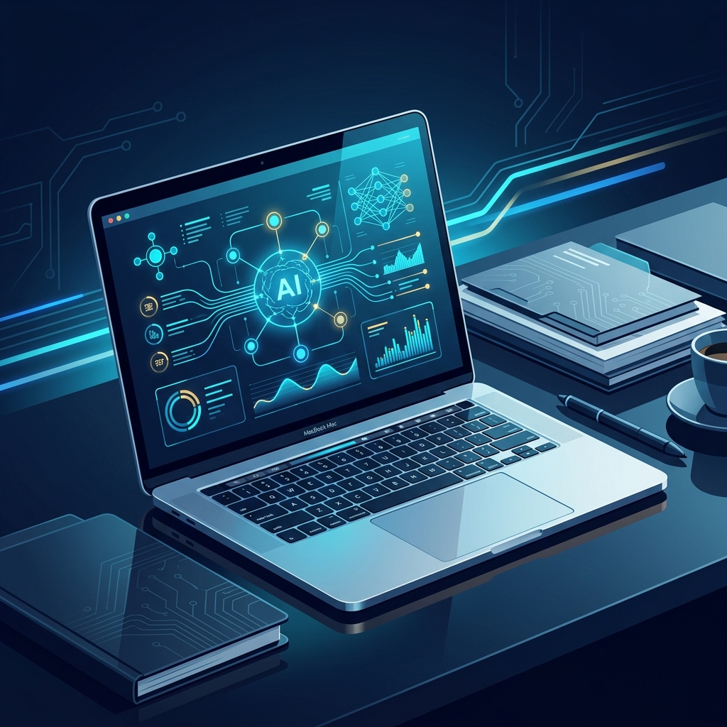 Modern Mac laptop with AI interface visible on screen, clean office workspace with business docum... - AI Precision Marketing