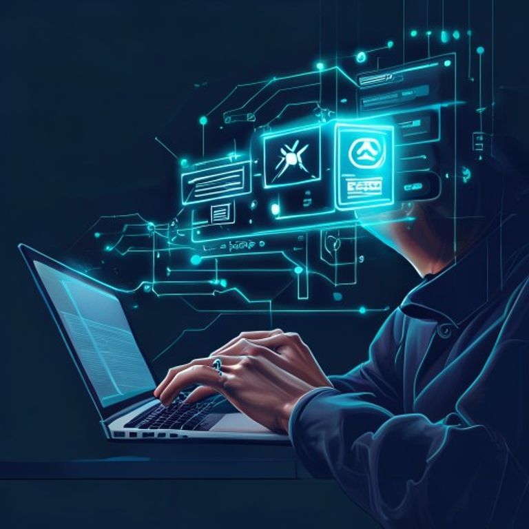 A person typing on a laptop while a glowing digital assistant icon hovers above their shoulder, o... - AI Precision Marketing