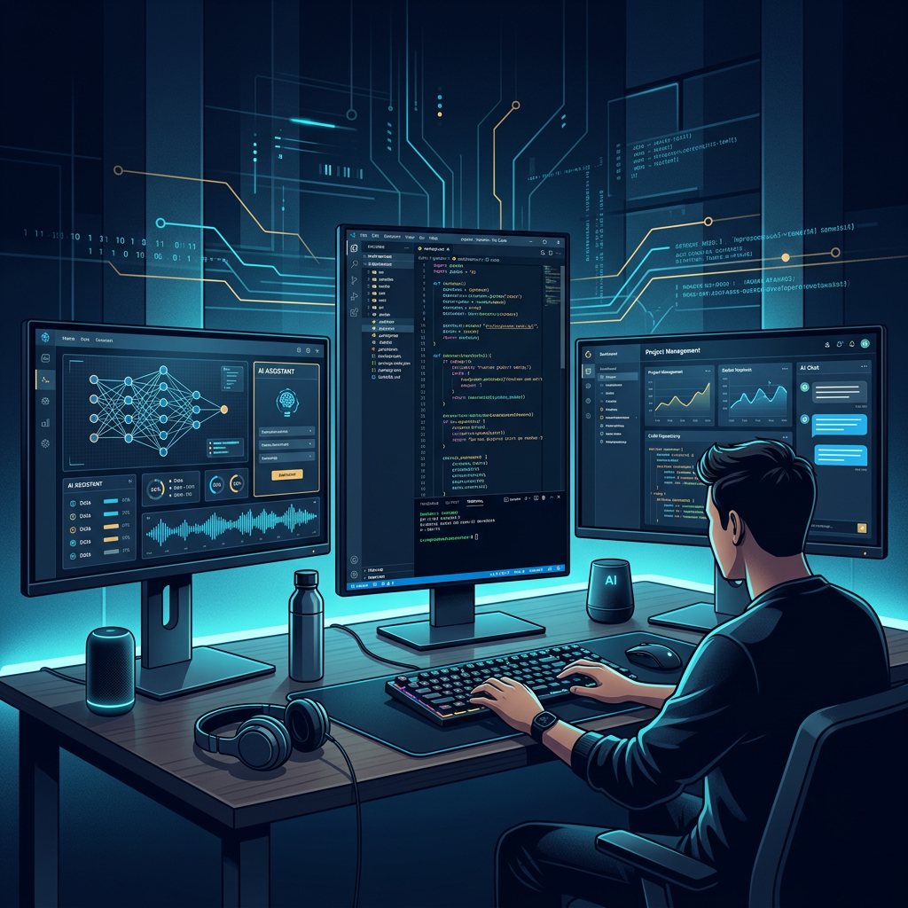 Clean developer workspace with multiple monitors showing code and AI interface, modern office lig... - AI Precision Marketing