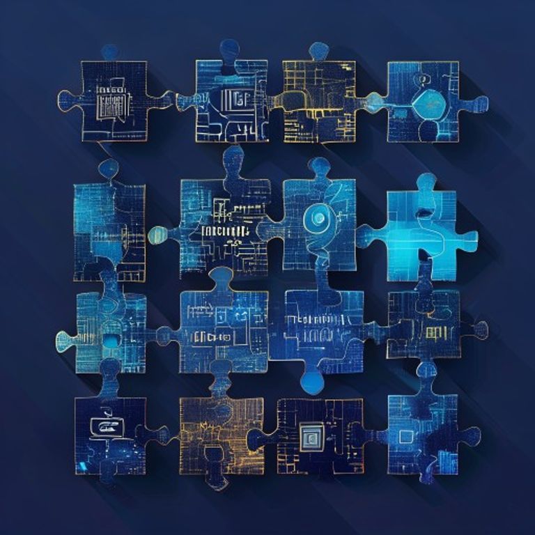 A set of 15 different puzzle pieces fitting together to form a small business logo, each piece la... - AI Precision Marketing