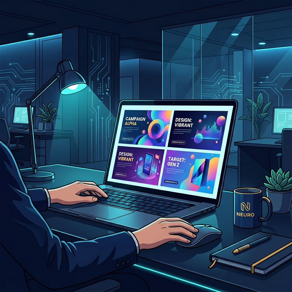 Modern tech workspace with laptop screen showing AI-generated ad designs, clean office environment - AI Precision Marketing