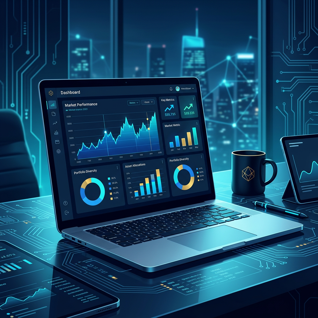 Modern financial dashboard with graphs and charts on laptop screen, clean office workspace - AI Precision Marketing