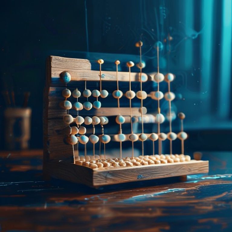 A vintage abacus with half its beads neatly aligned and the other half in motion, blurring slight... - AI Precision Marketing